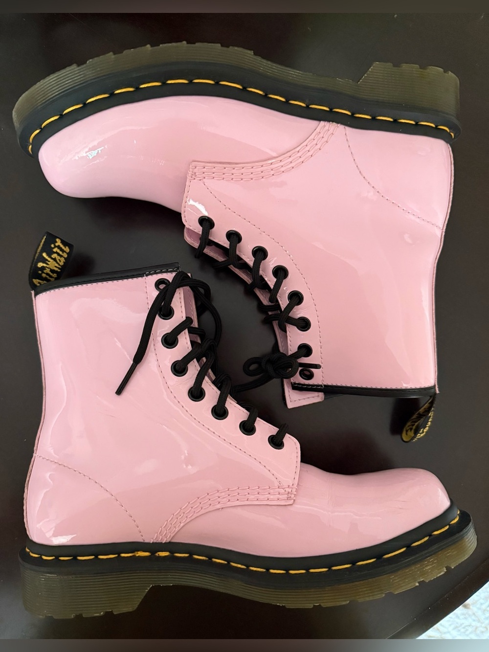 Dr. Martens Women’s Pale Pink Patent Leather Lace-Up 1460 Combat Boots, Size 7.